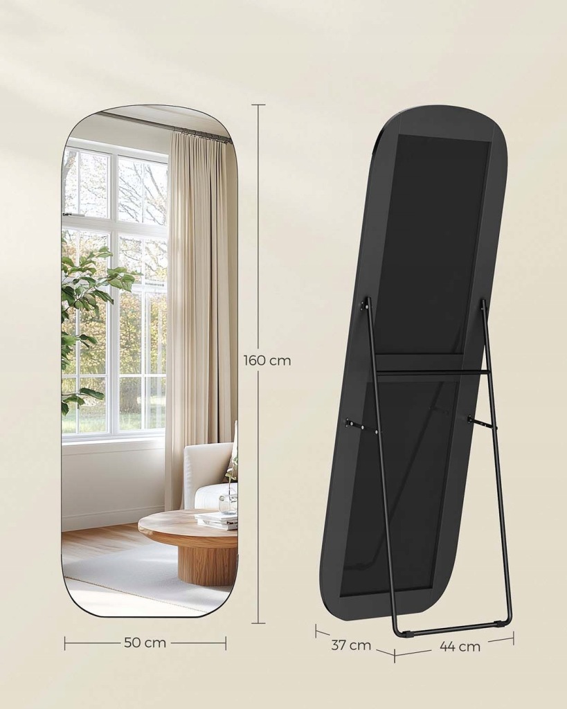 Toaletka Songmics czarny 50 x 160 x 37cm Duże Lustro Pełne Zaokrąglone - obrazek 2