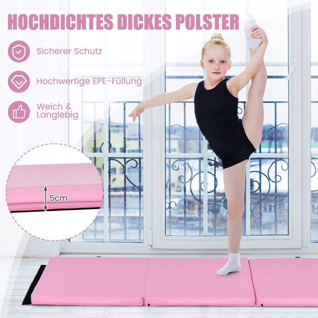 Mata gimnastyczna, fitness 180 x 60 x 5 cm różowa Costway - obrazek 5
