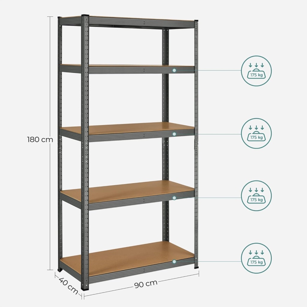 Regał magazynowy metalowy Songmics 180 x 90 x 40 cm max 175 kg na półkę - obrazek 5