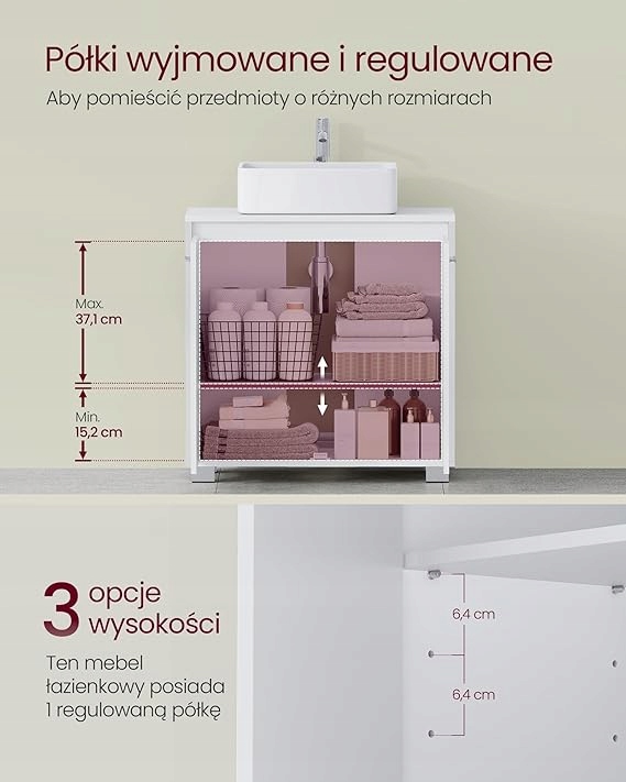 Szafka pod umywalkę, szafka łazienkowa, 2 półki za drzwiami BIAŁA - obrazek 7