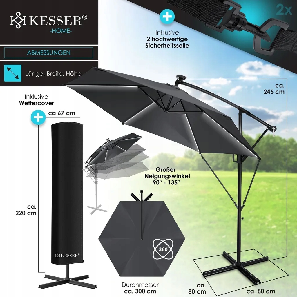 Parasol z oświetleniem KESSER szary 300 x 245 cm - obrazek 2