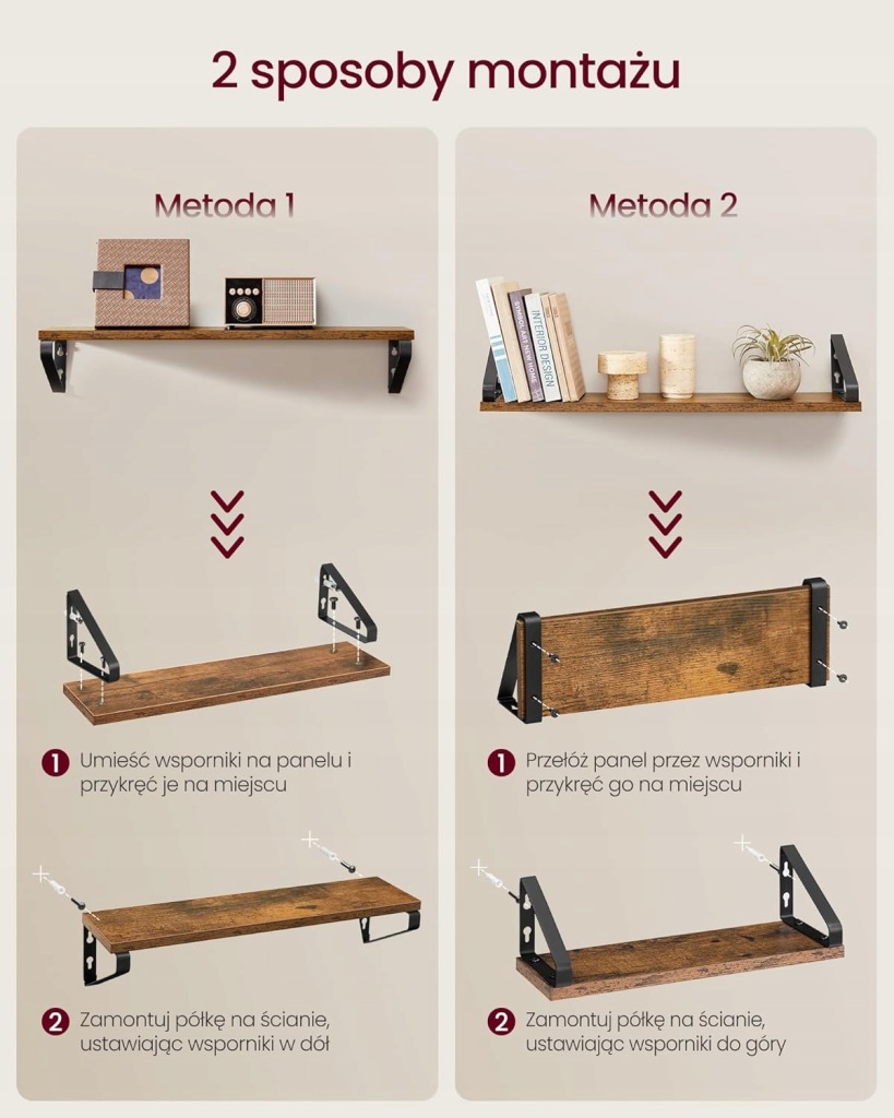 Półka drewno Songmics 40 x 12 cm RUSTYKALNY BRĄZ I MATOWA CZERŃ - obrazek 2