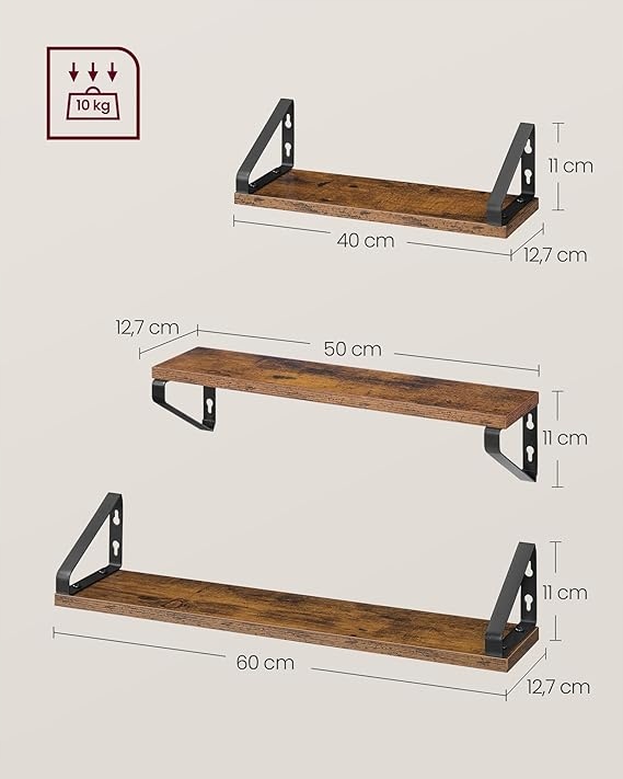 Półka drewno Songmics 40 x 12 cm RUSTYKALNY BRĄZ I MATOWA CZERŃ - obrazek 3