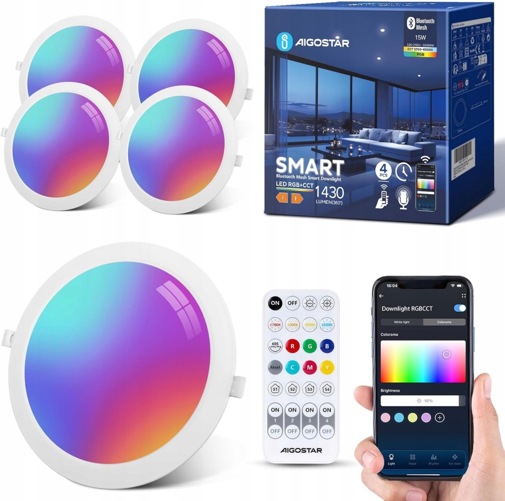 AIGOSTAR Inteligentne Wbudowane Oświetlenie LED 15W 1430 LUMENÓW SMART 4szt