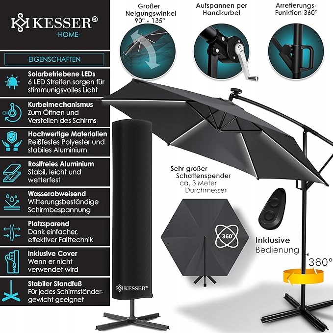 Parasol KESSER czarny 350 x 245 cm - obrazek 2