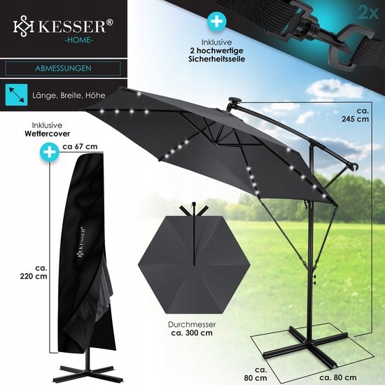 Parasol z oświetleniem KESSER szary 300 x 245 cm - obrazek 5