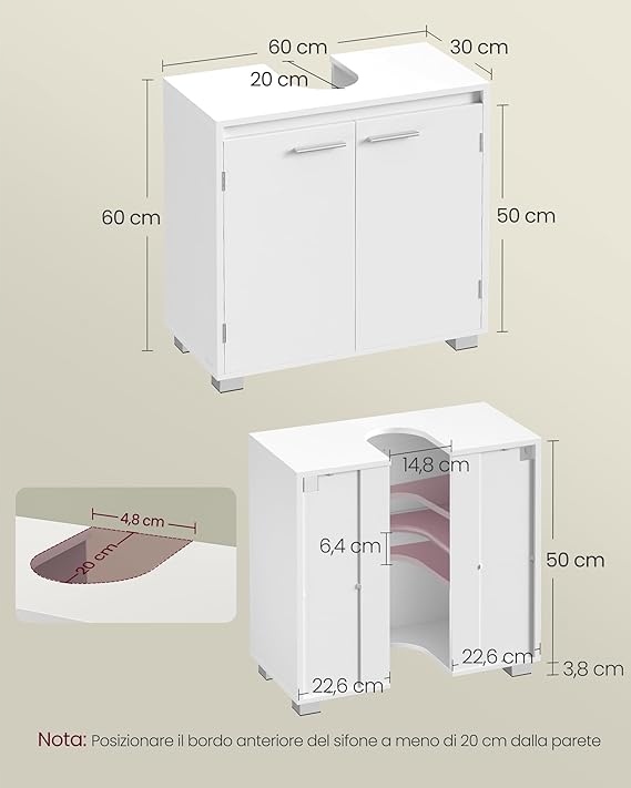 SZAFKA POD UMYWALKĘ 30 x 60 x 60 cm BIAŁA DRZWICZKI NÓŻKI - obrazek 5