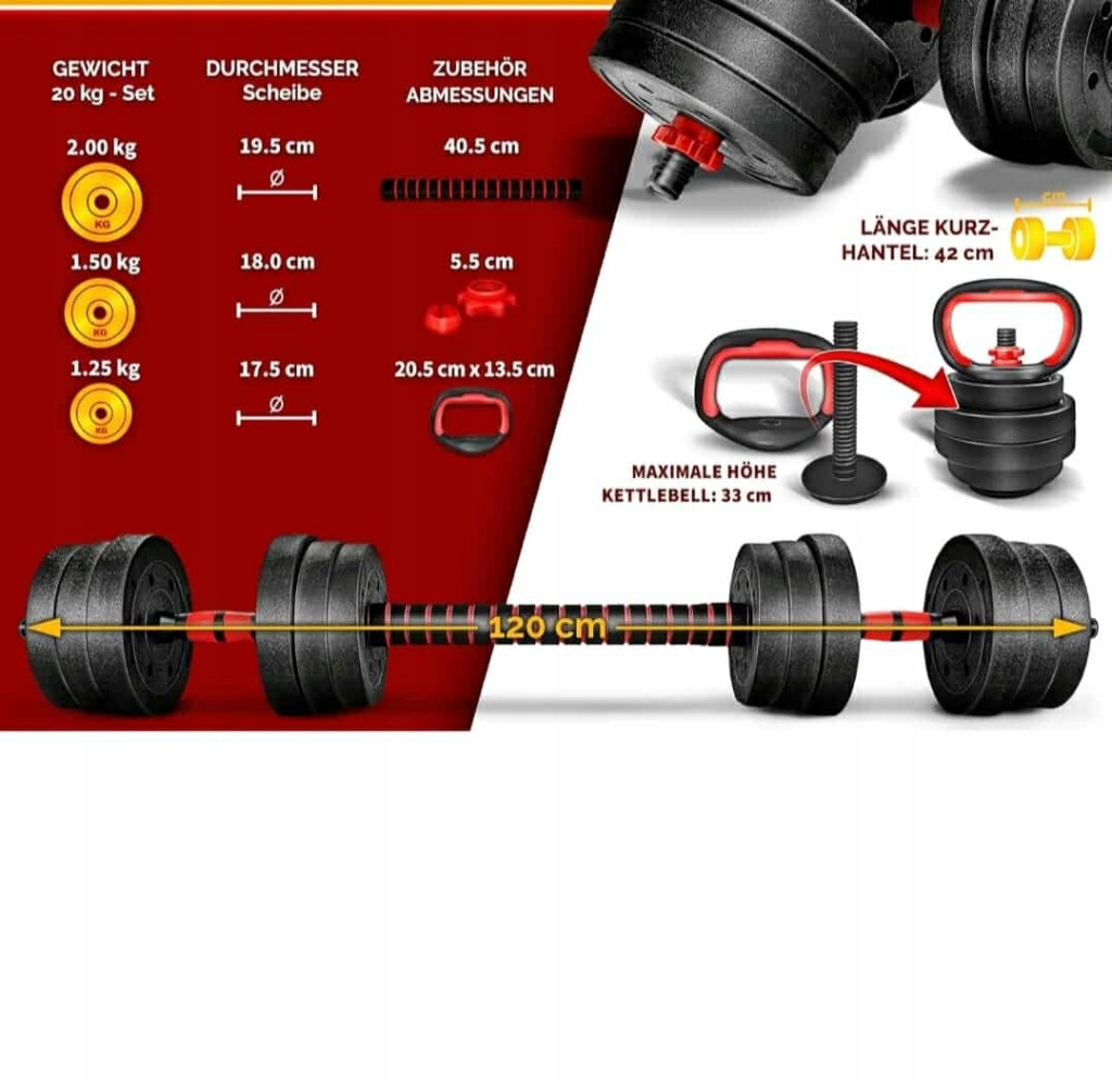 Zestaw Hantli 2w1 20Kg Z Rurą Łączącą Solidny Sprzęt Do Treningu W Domu - obrazek 4