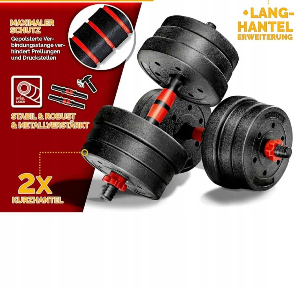 Zestaw Hantli 2w1 20Kg Z Rurą Łączącą Solidny Sprzęt Do Treningu W Domu - obrazek 2